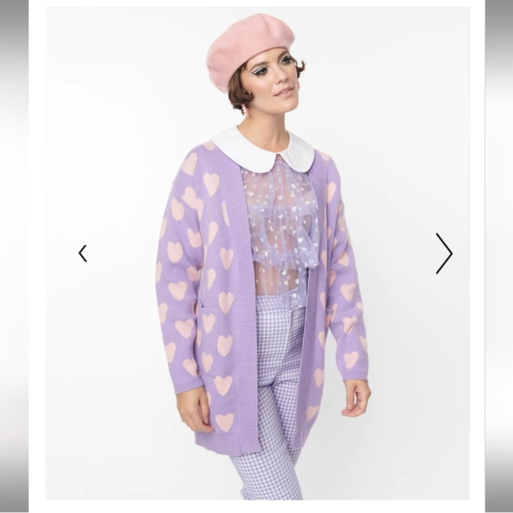 Unique vintage/Magnolia Place Pink Lavender Heart Cardigan NWT One Size Fits All